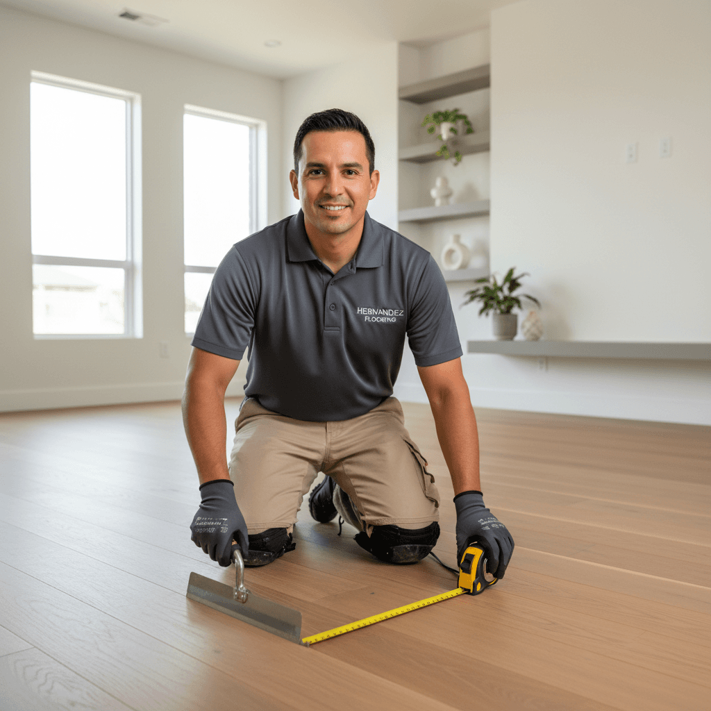 Marco Hernandez, flooring installation specialist, kneeling on a finished hardwood floor with tools.