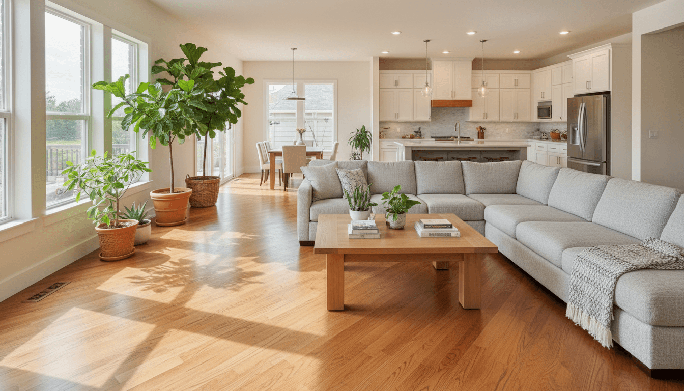 Professional flooring installer carefully installing hardwood flooring in a residential home