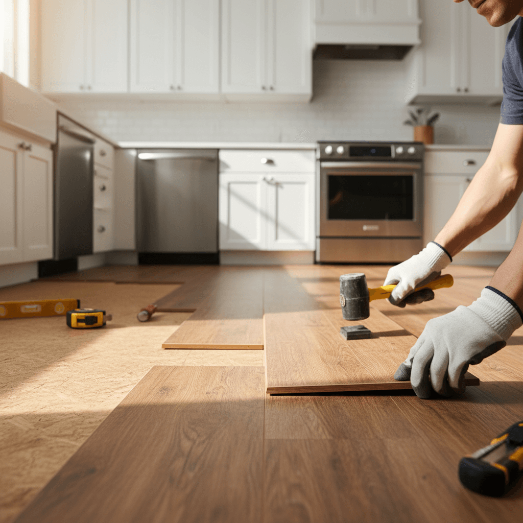 Luxury vinyl plank installation in kitchen
